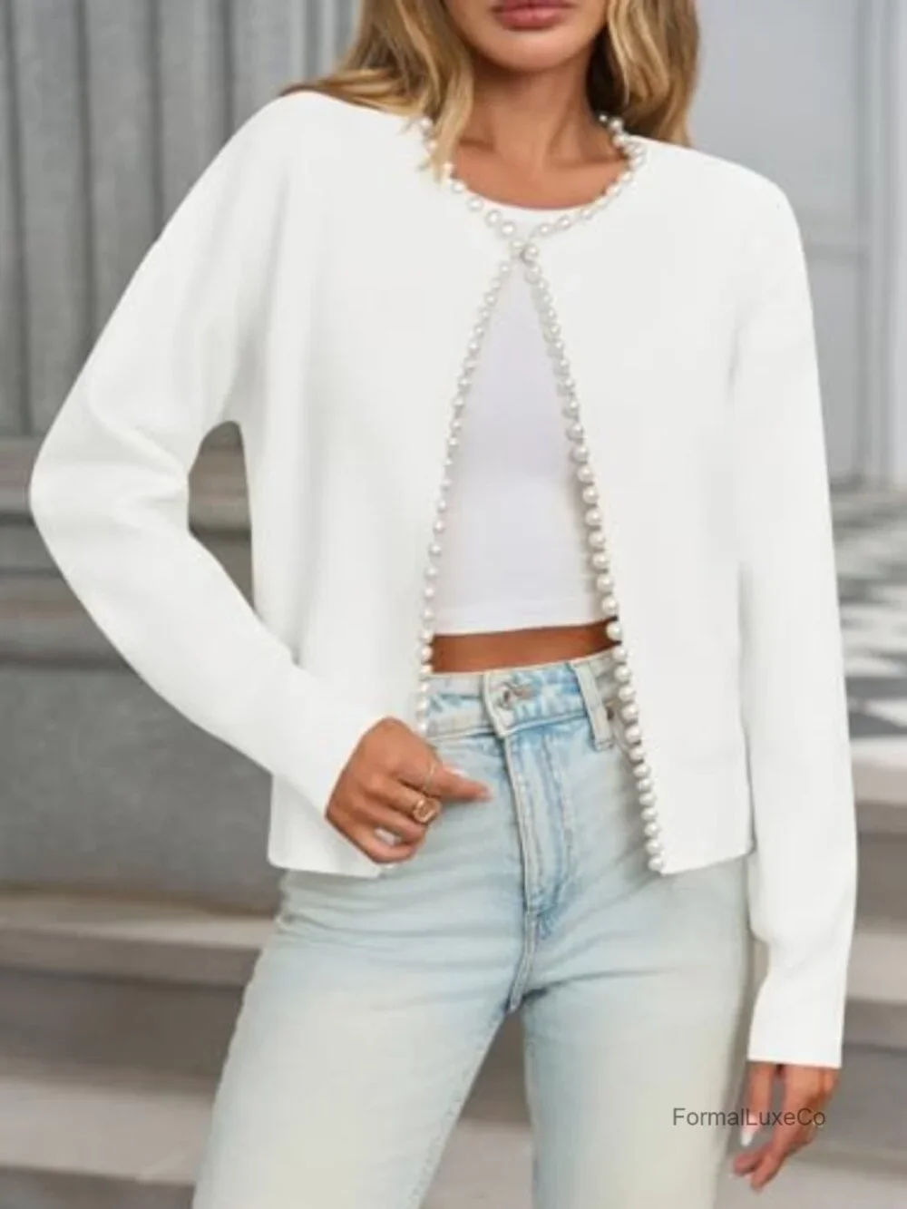Women's Pearl Trim Cardigan Open Front Long Sleeve Knit Sweater